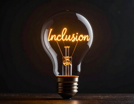 Glühbirne mit einem Glühdraht das aussieht wie das Wort " Inclusion"