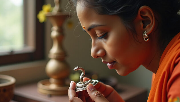 Woman holding spiritual idol while praying in home worship space. Intent focus on religious artifact symbolizes devotion and faith, enhancing spiritual atmosphere for daily rituals and practices.