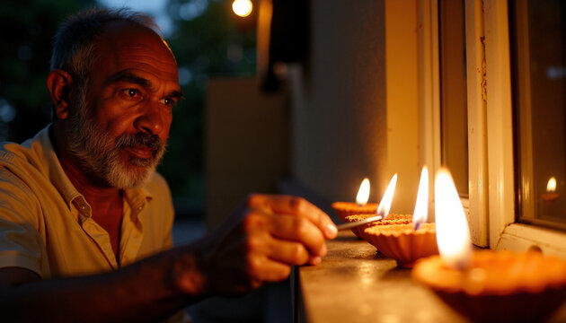 Diwali celebration with elderly man lighting traditional oil lamps at dusk. Diwali involves cultural significance of light and hope during festivities, with oil lamps illuminating dark spaces.