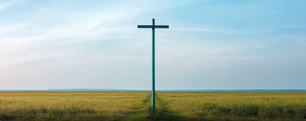 Obraz premium Minimalist teal cross centered in a boundless golden field under a tranquil blue sky, a modern beacon of peace, hope and contemplative solitude. spirituality, landscape