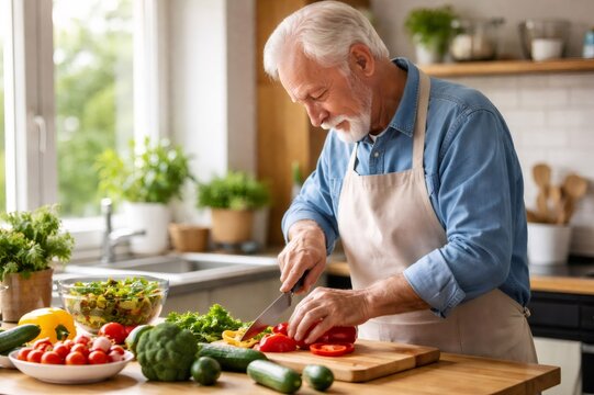 Senior man carefully dicing fresh red bell pepper, surrounded by vibrant vegetables and a prepared salad bowl, highlighting a commitment to healthy eating and an active lifestyle at home
