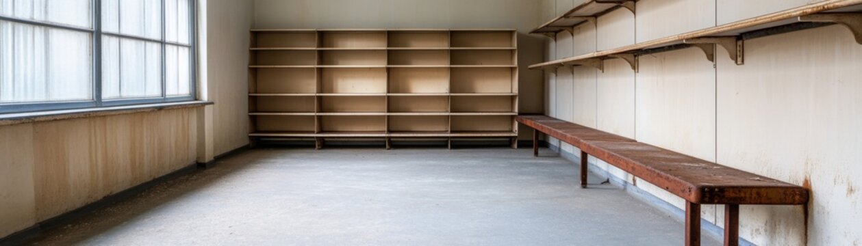 Natural light from a large window illuminates an abandoned room featuring an empty wooden shelving unit, a long rusty metal bench and overhead shelves. Industrial decay. ,Abandoned