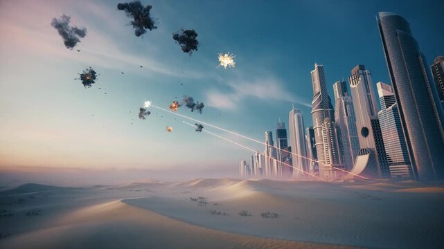 Futuristic City Defense System Firing at Aerial Threats in Desert Landscape. Laser Air Defense System Protecting Modern Skyscrapers from Aerial Threats