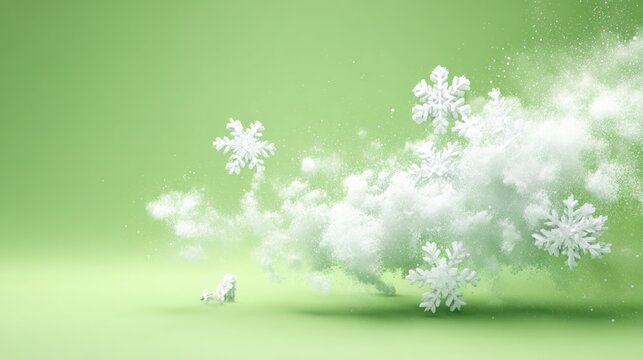Snowflakes drifting on soft white clouds against a bright green background