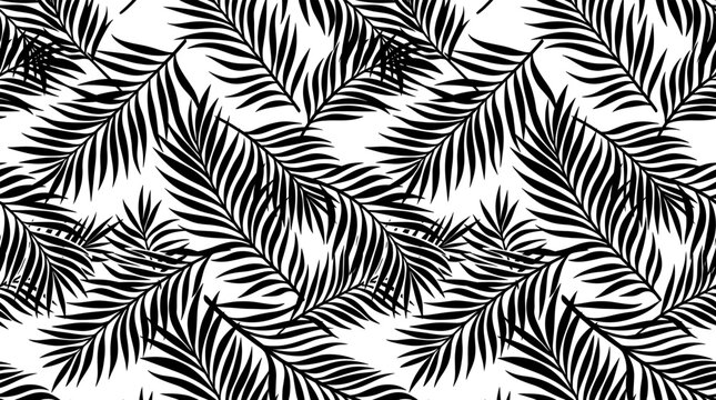 Palm leaf silhouettes vector illustration featuring tropical fronds, overlapping botanical patterns, dense foliage motifs, and decorative design textures