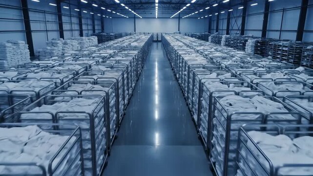 Inside a spacious industrial warehouse, rows of carts are filled with carefully arranged fabric rolls.