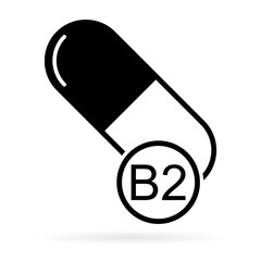 Vitamin B2 icon shadow, healthy medicine pill supplement symbol, complex mineral vector illustration .