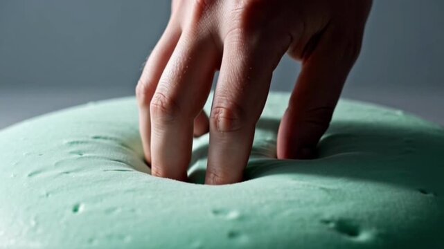 Closeup of a hand pressing into a soft light green material demonstrating its elasticity and texture.