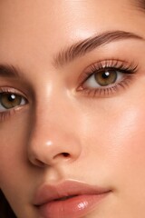 Obraz premium Woman's radiant close up showing healthy, hydrated skin with vibrant green eyes, well defined eyebrows, long eyelashes, and glossy lips, symbolizing beauty and skincare