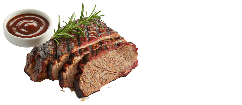 Sliced grilled steak with bq sauce and rosemary on black bbq sauce isolated on a transparent background