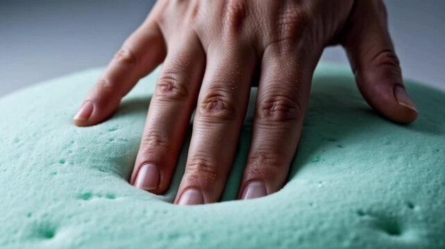 Closeup of a hand pressing into a soft light green material possibly slime or dough creating an indentation.