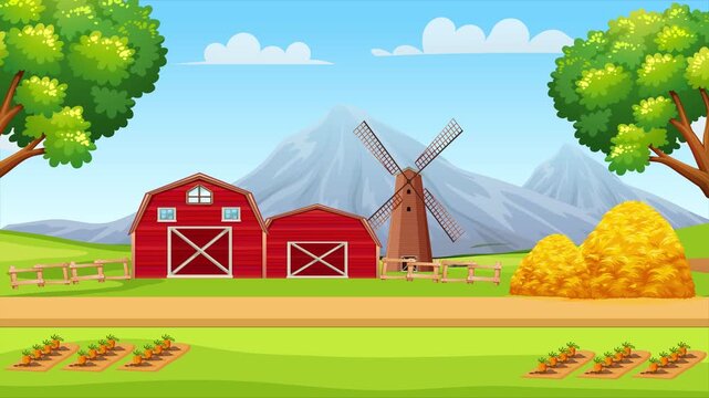 Cartoon Farm with Barn and Windmill 4k loop landscape