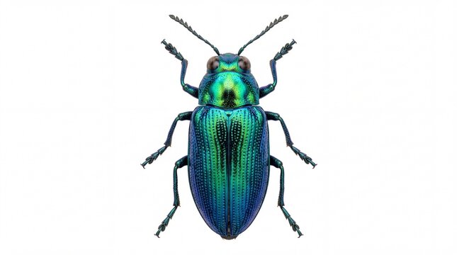 A detailed top view of a vibrant dogbane beetle with its characteristic metallic green shell color