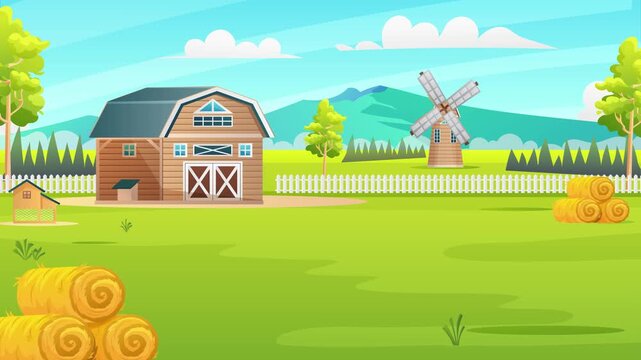 Cartoon Farm House with Windmill 4k loop background