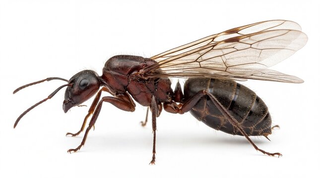 A detailed side view of a queen carpenter ant displaying its large body and translucent wing veins
