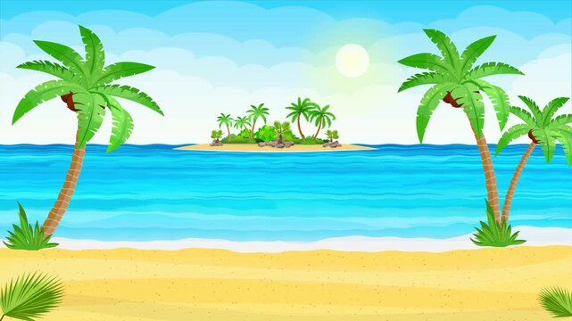 Cartoon Tropical Beach with Palm Trees and Island