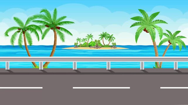 Tropical Beach Road Landscape Cartoon Background with Island and Palm Trees