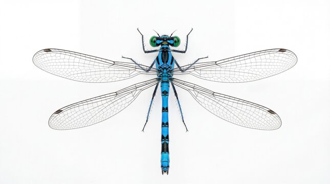 A detailed top down view of a vibrant blue damselfly with transparent wings and bright green eyes