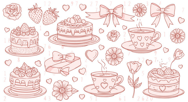 Whimsical sweet treats and tea time in soft pink line art on white background for Valentines Day