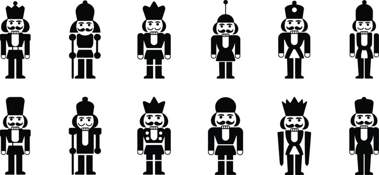 A cheerful and festive collection of nutcracker soldier silhouettes, representing Christmas, holiday cheer, and traditional toys, on a white background.