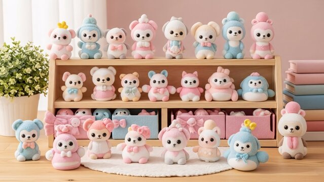 Collection of cute pastel colored plush toys on a shelf and floor.