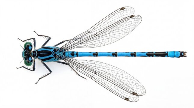 A detailed top view of a vibrant blue damselfly with intricate wing venation and black markings