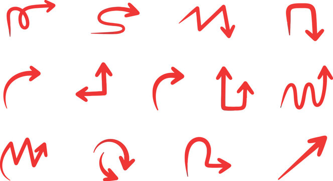 Hand drawn red arrows pointing in various directions on a white background as illustration