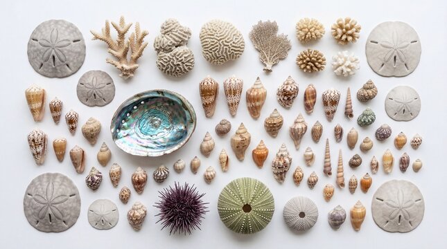 A high angle collection of various ocean treasures including seashells corals and sea urchins