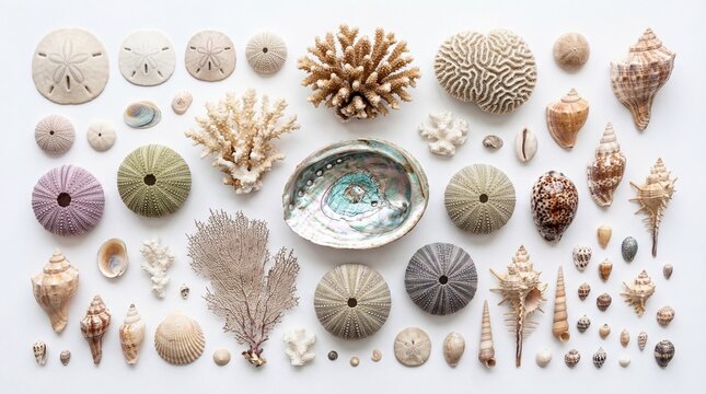 A high angle collection of various marine treasures including sea shells corals and urchin shells