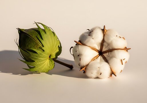 Cotton boll and green cottonseed pod on beige background with shadows