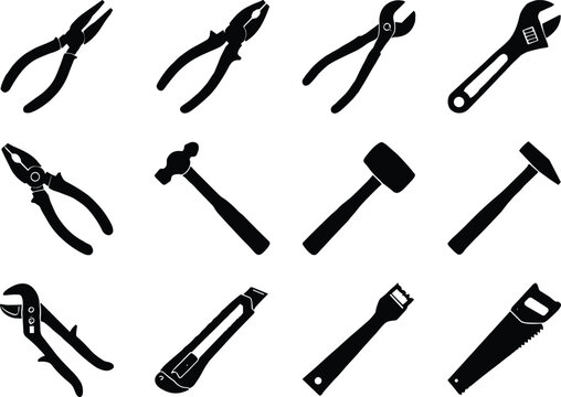 Hand tools silhouette vector illustration collection, twelve black icons showing pliers, wrenches, hammers, saw, knife, and pry bar designs