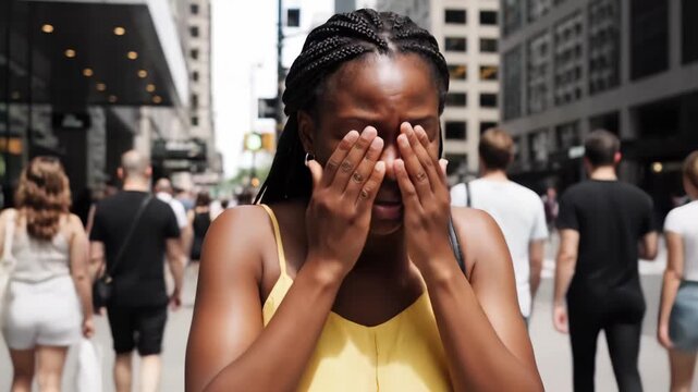 A young woman navigates a crowded city street, expressing raw emotion as she wipes her eyes. The atmosphere is energetic with people moving swiftly around her, highlighting her solitude.