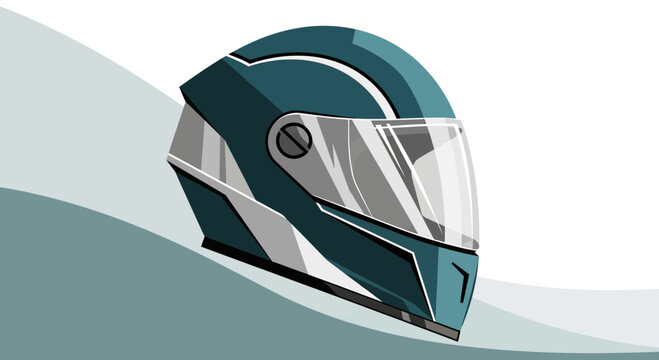 Sleek teal motorcycle helmet illustration on a flowing gradient backdrop featuring clean lines and