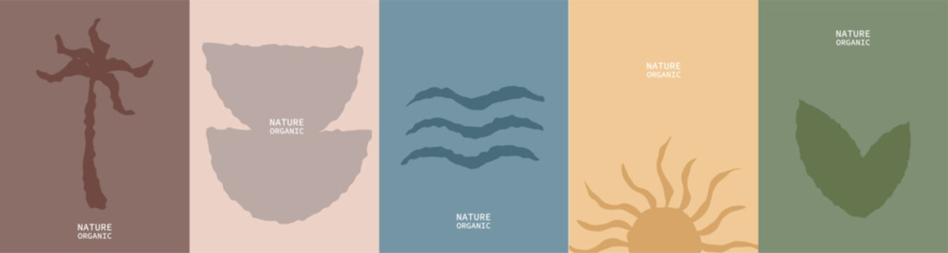 A set of minimalist posters in natural, organic colors with an eco-friendly concept. summer and sirf banners with hand drawn sketch