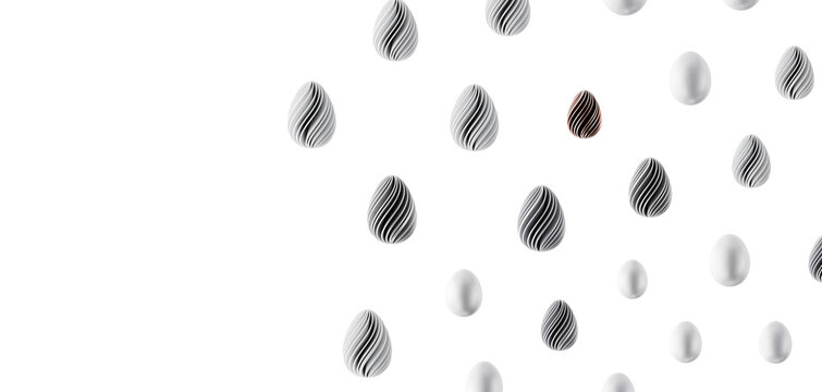 Abstract design of Easter eggs in various patterns, on a white background. Perfect for Easter related designs or abstrac