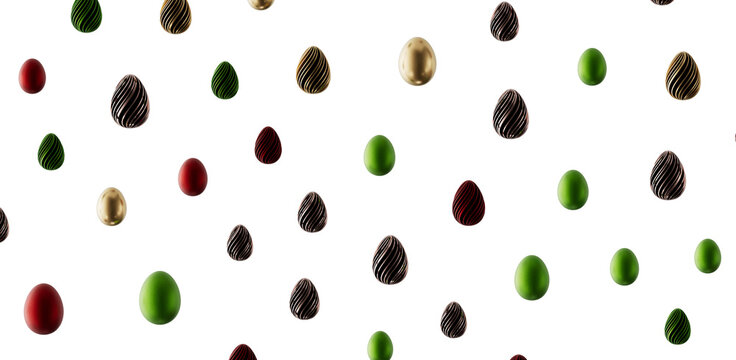 Colorful Easter eggs scattered on a white background. Perfect for Easter related designs and backgrounds. Festive and jo