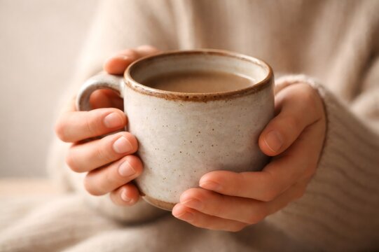 Person's hands gently cupping a rustic ceramic mug filled with a warm beverage, conveying feelings of comfort, relaxation, and a cozy winter atmosphere