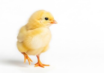 Obraz premium A small yellow chick standing on a white surface looking to the side isolated on white background