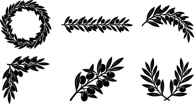 Vector art set of six olive branch wreaths for decorative uses versatile designs