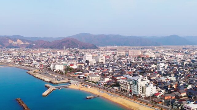 Obama Fukui Japan Coastal Town Approach Aerial. Clear Sky Flying Forward Drone Shot. 4K.