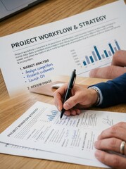 Obraz premium Hands signing project workflow and strategy documents with chart on desk