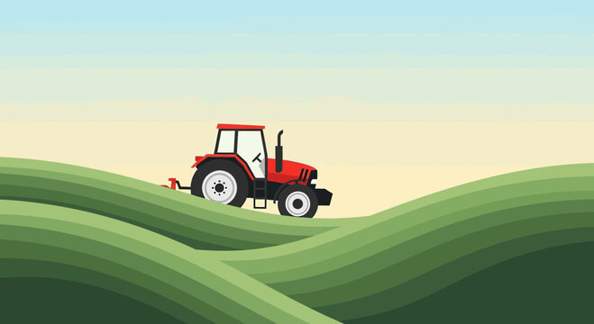 Rural scene depicting a red tractor working in the green undulating fields during daytime