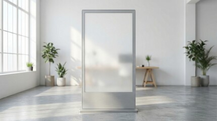 Fototapeta premium A modern blank digital display stands prominently in a minimalist brightly lit interior space