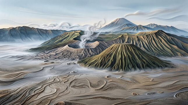 Lanskap Gunung Bromo Gaya Paper Quilling