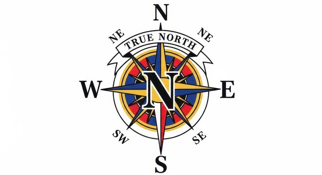 Colorful nautical compass rose design prominently features cardinal and intercardinal directions with a banner proclaiming true north