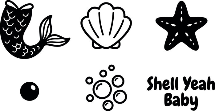 Line art sea icons set with shell starfish and text shell yeah baby