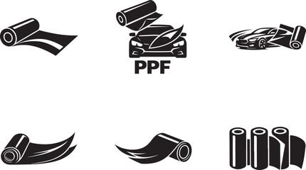 Fototapeta premium Car wrap icon set with PPF vinyl protection and vehicle graphics symbols vector isolated clean.