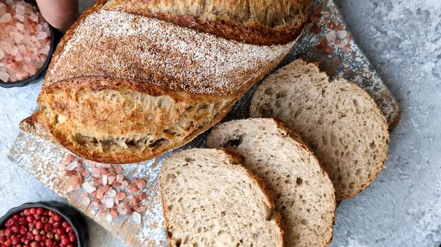 A loaf of homemade whole grain rye bread for the dinner table. A loaf of rye bread as a food background for your design