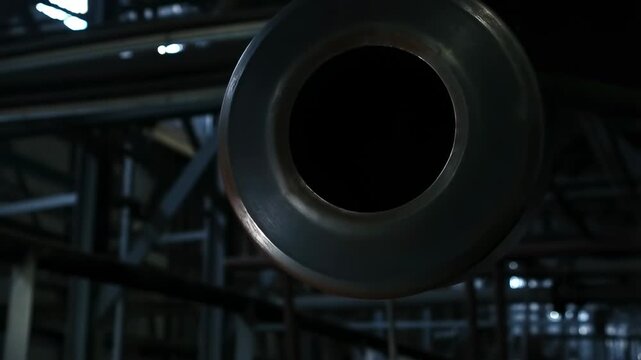 Tracking shot slowly approaching large industrial pipe hanging in factory interior with dim overhead lights and steel support beams