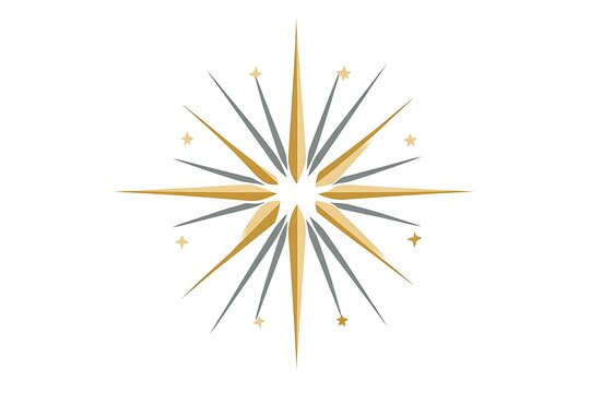A stylized gold and gray starburst design with small stars on a white background